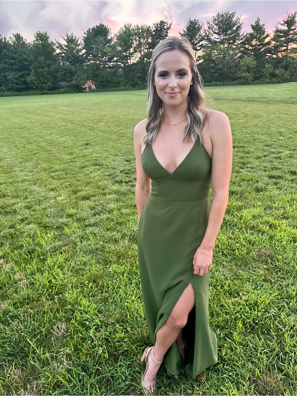 Azazie Olive Green V-Neck Spaghetti Strap Maxi Dress